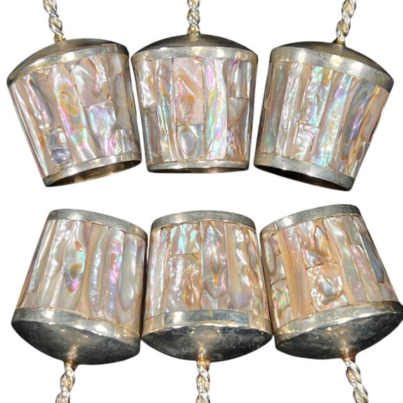 Vtg Mexico Alpaca Silver Inlaid Abalone Shell Six Cordial Shot Glasses and Tray - Picture 3 of 16